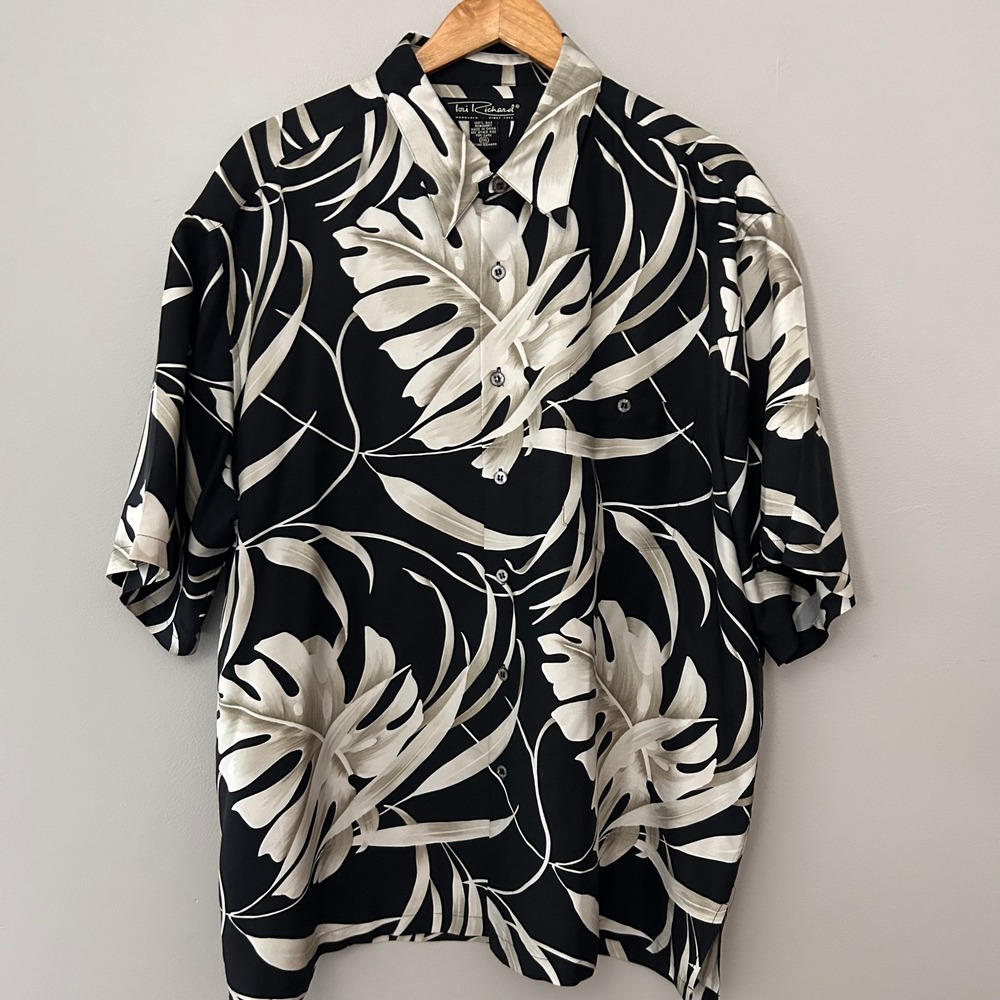 Tori Richard Shirt Mens XXL Black Cream 100% Silk‎ Aloha Monstera Tropical Leaf